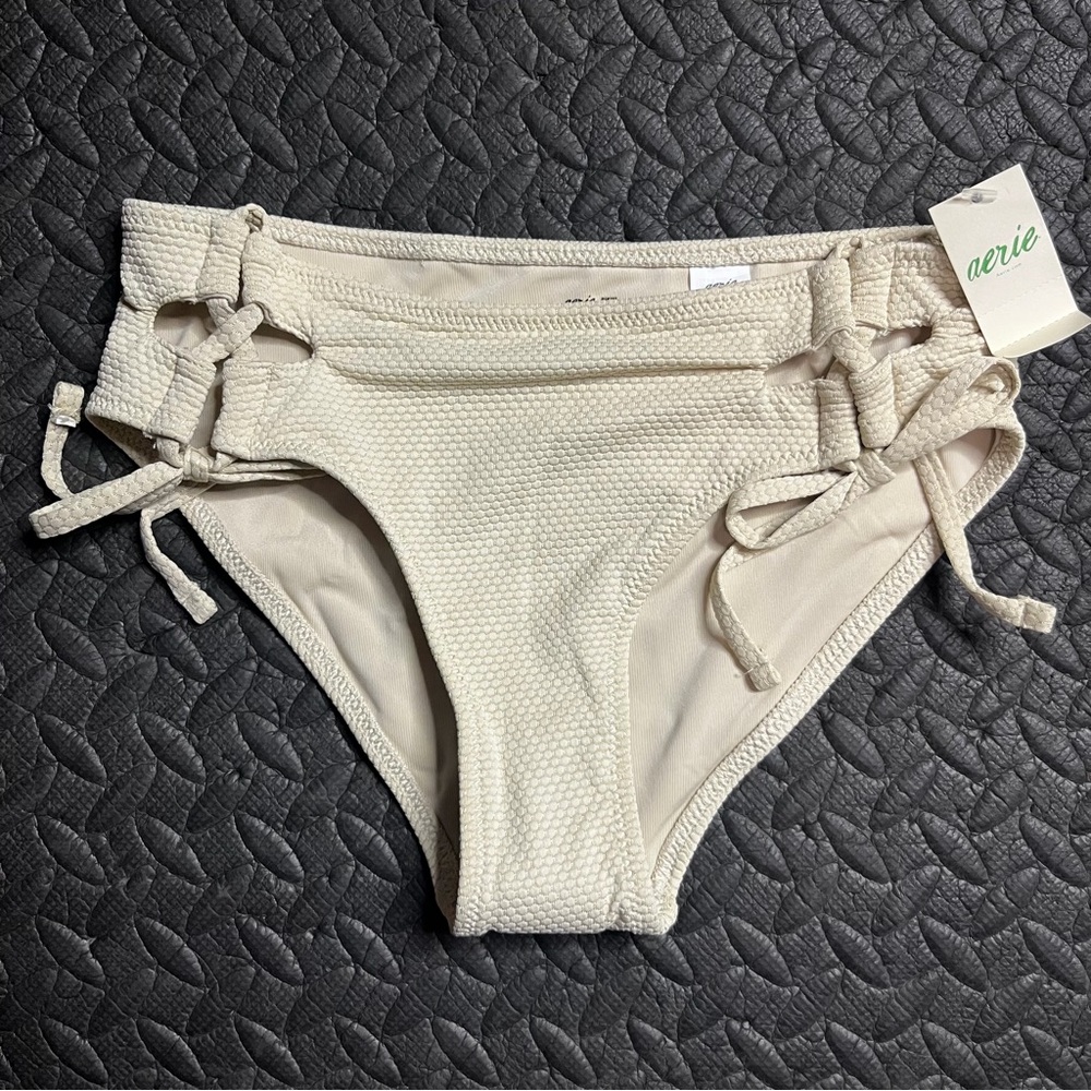 Aerie Adjustable Tie Bikini Bottoms XXS Tan Textured Swimwear Beach Vacation NWT